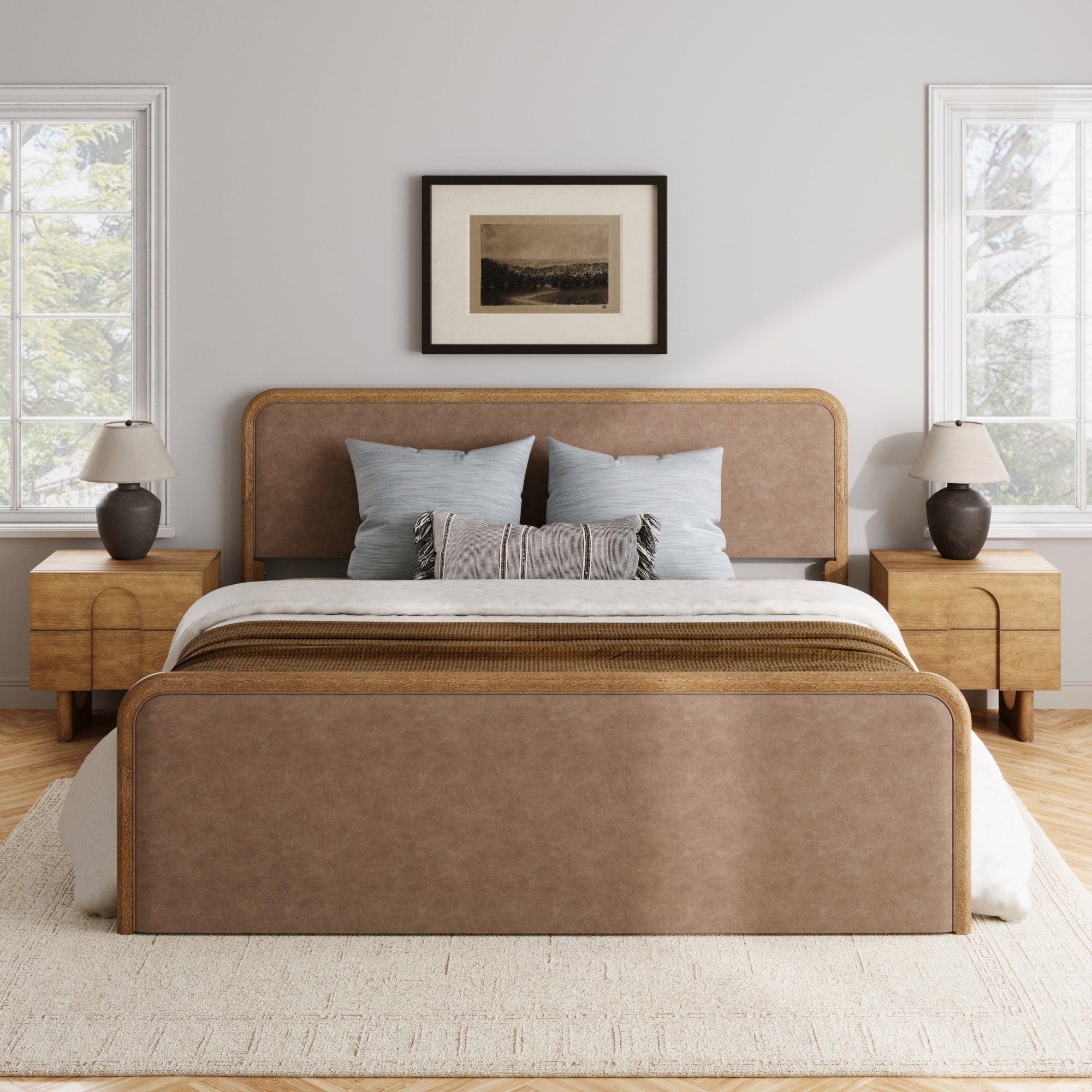 Rounded Faux Leather Bed Frame with 2 Nightstand
