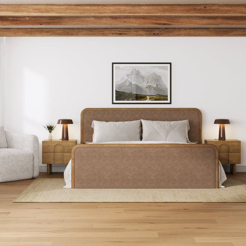 Rounded Faux Leather Bed Frame with 2 Nightstand