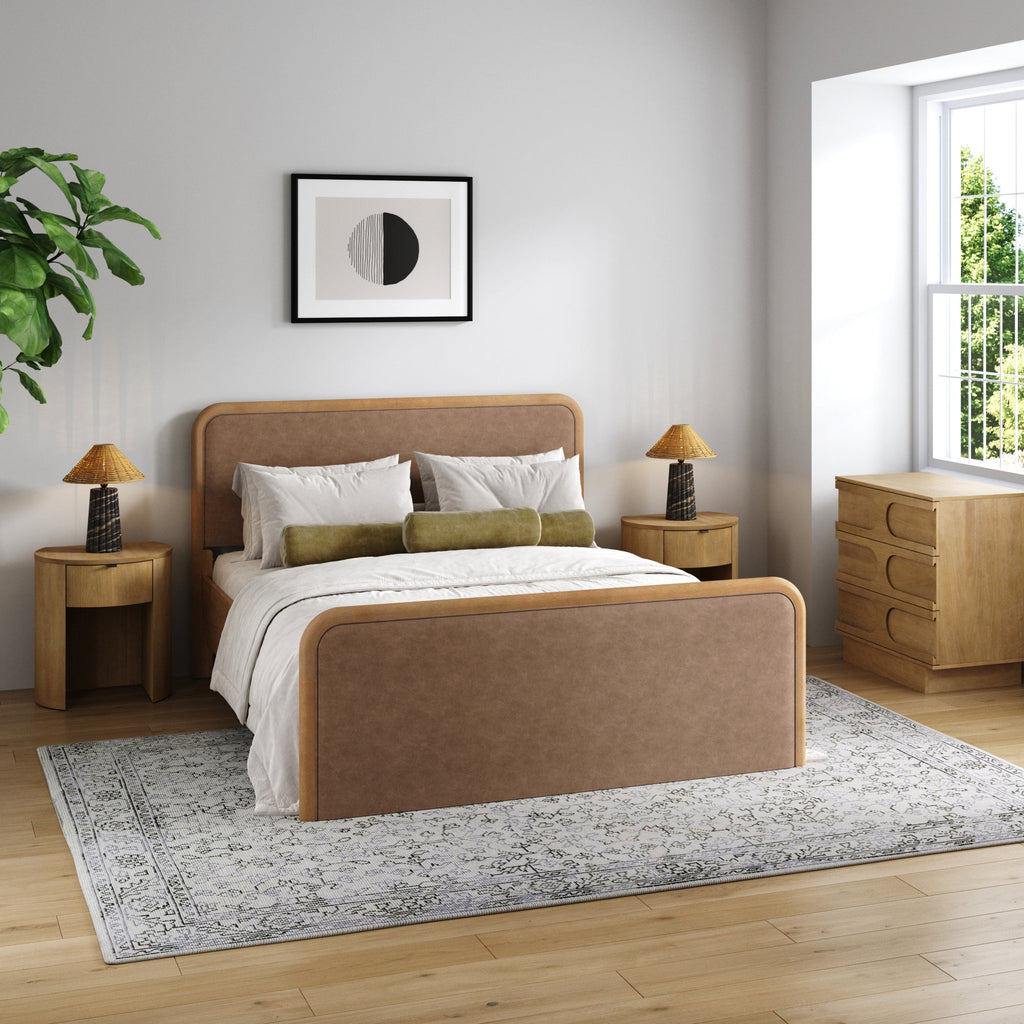 Rounded Faux Leather Queen Bed Frame with 1 Arched Dresser and 2 Nightstand Set