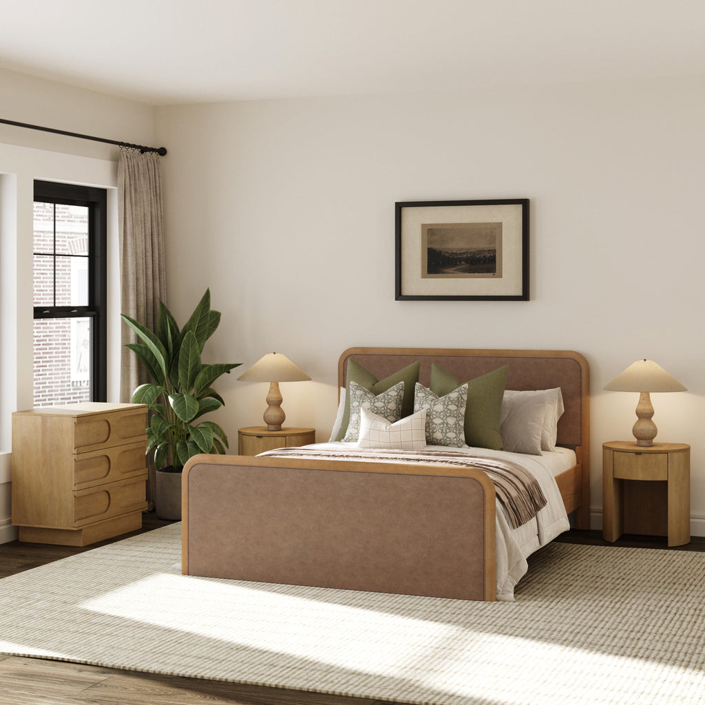Rounded Faux Leather Queen Bed Frame with 1 Arched Dresser and 2 Nightstand Set