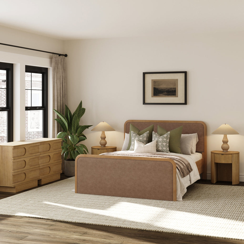 Rounded Faux Leather Queen Bed Frame with 2 Arched Dresser and 2 Nightstand Set