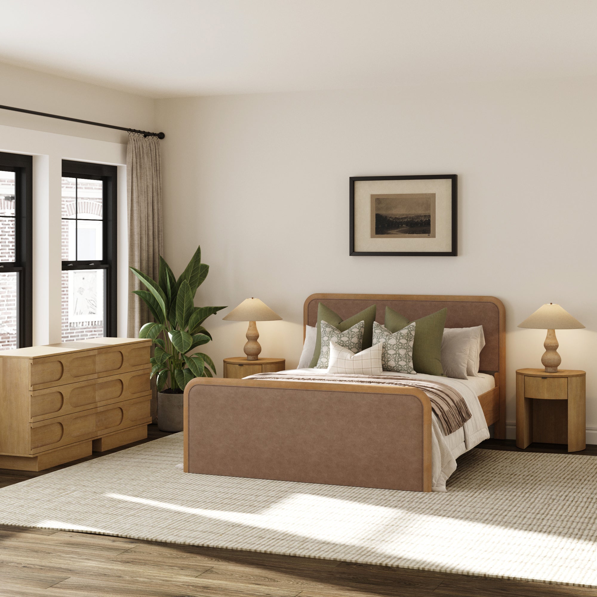 Rounded Faux Leather Queen Bed Frame with 2 Arched Dresser and 2 Nightstand Set