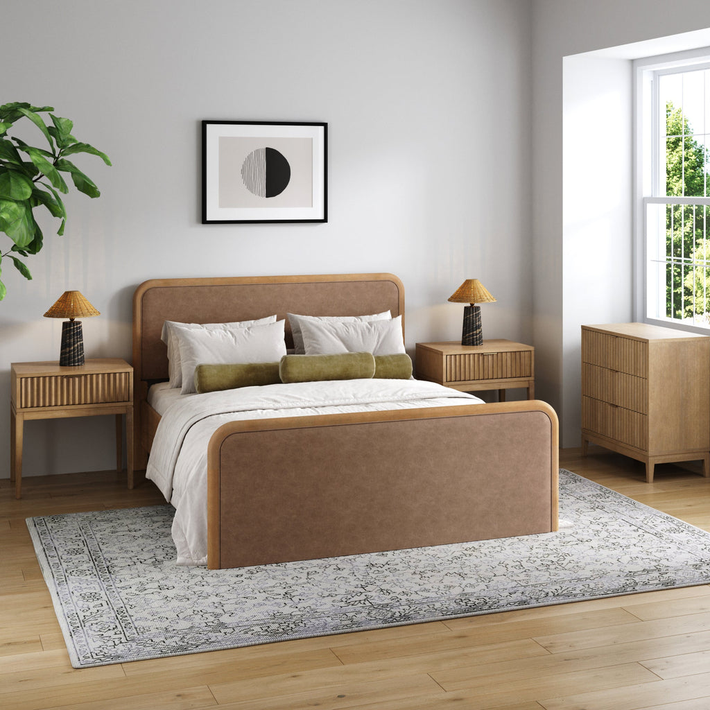 Rounded Faux Leather Queen Bed Frame with 1 Fluted Dresser and 2 Nightstand Set