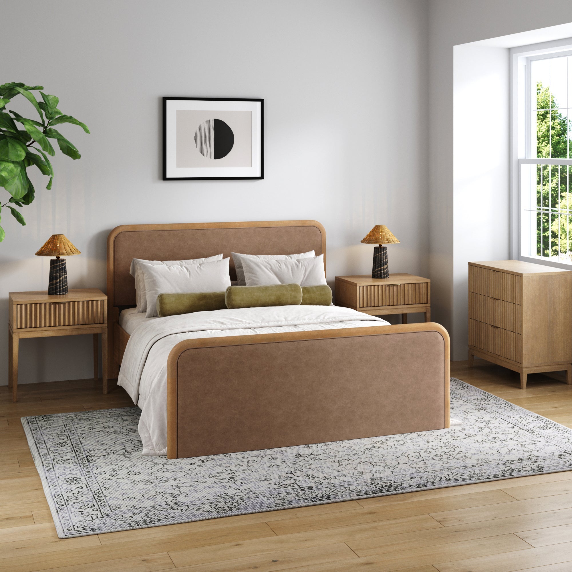 Rounded Faux Leather Queen Bed Frame with 1 Fluted Dresser and 2 Nightstand Set