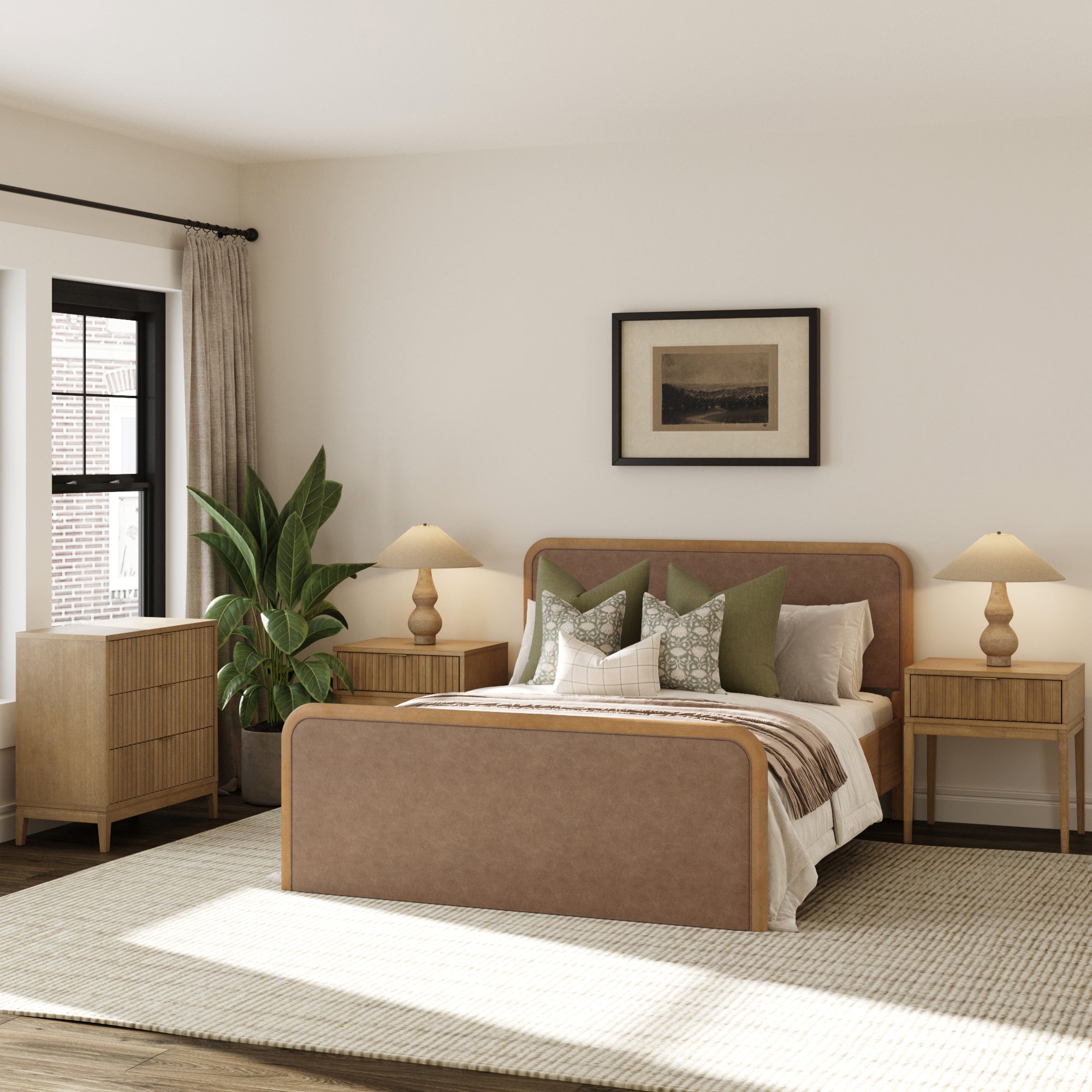 Rounded Faux Leather Queen Bed Frame with 1 Fluted Dresser and 2 Nightstand Set
