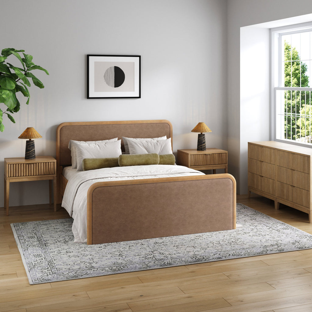 Rounded Faux Leather Queen Bedroom Set with 2 Fluted Dresser and 2 Nightstand Set