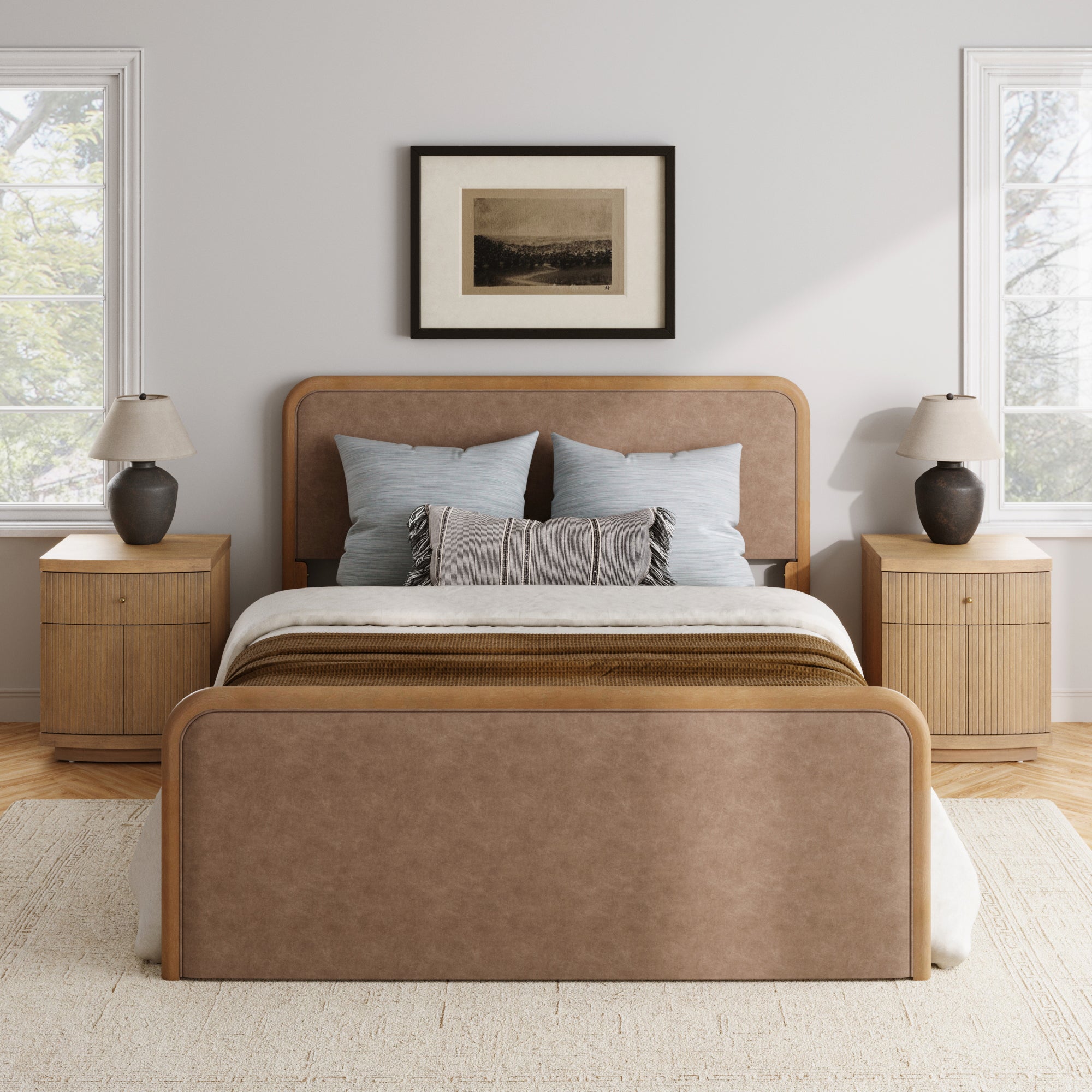 Rounded Faux Leather Bed Frame with 2 Fluted Nightstand with Storage