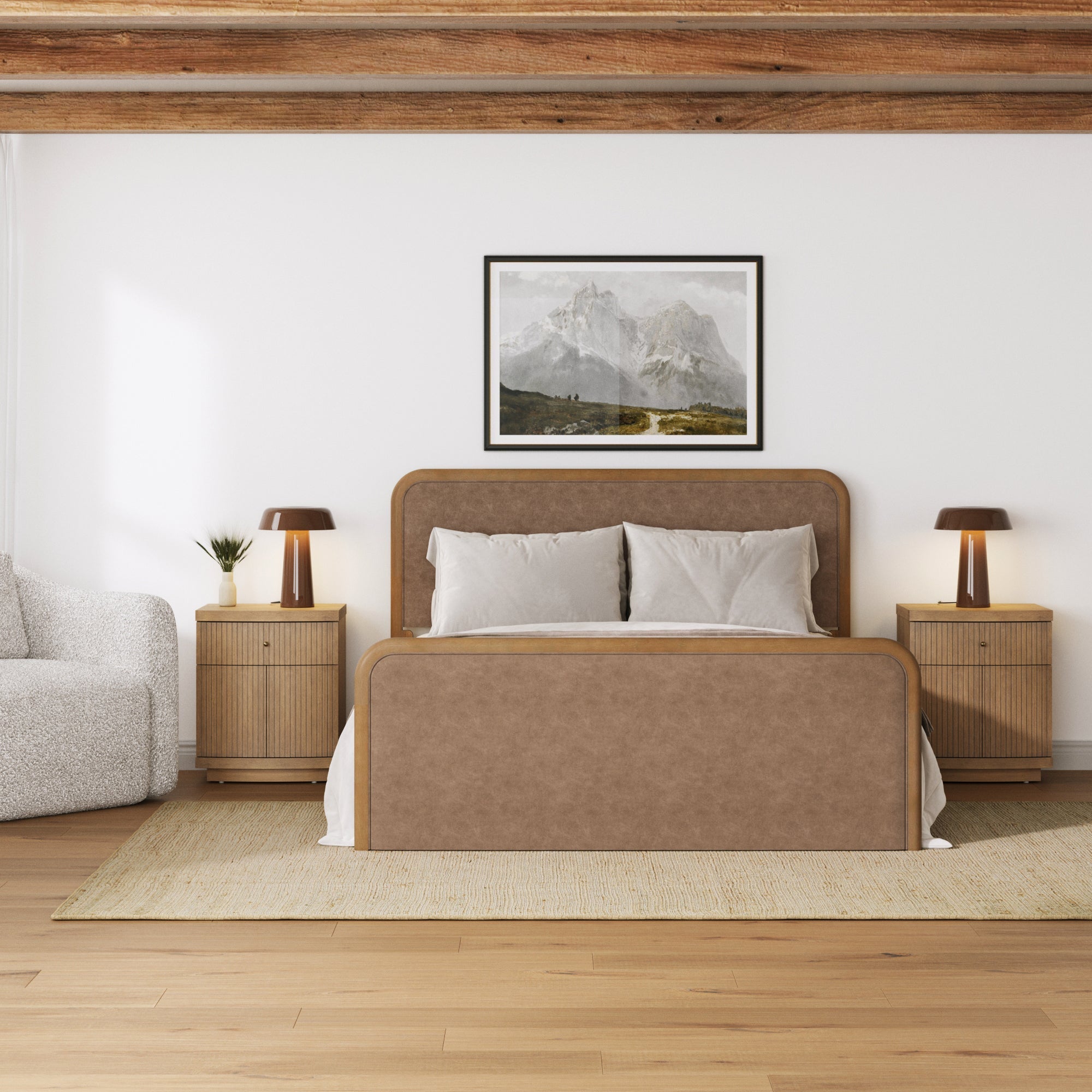 Rounded Faux Leather Bed Frame with 2 Fluted Nightstand with Storage