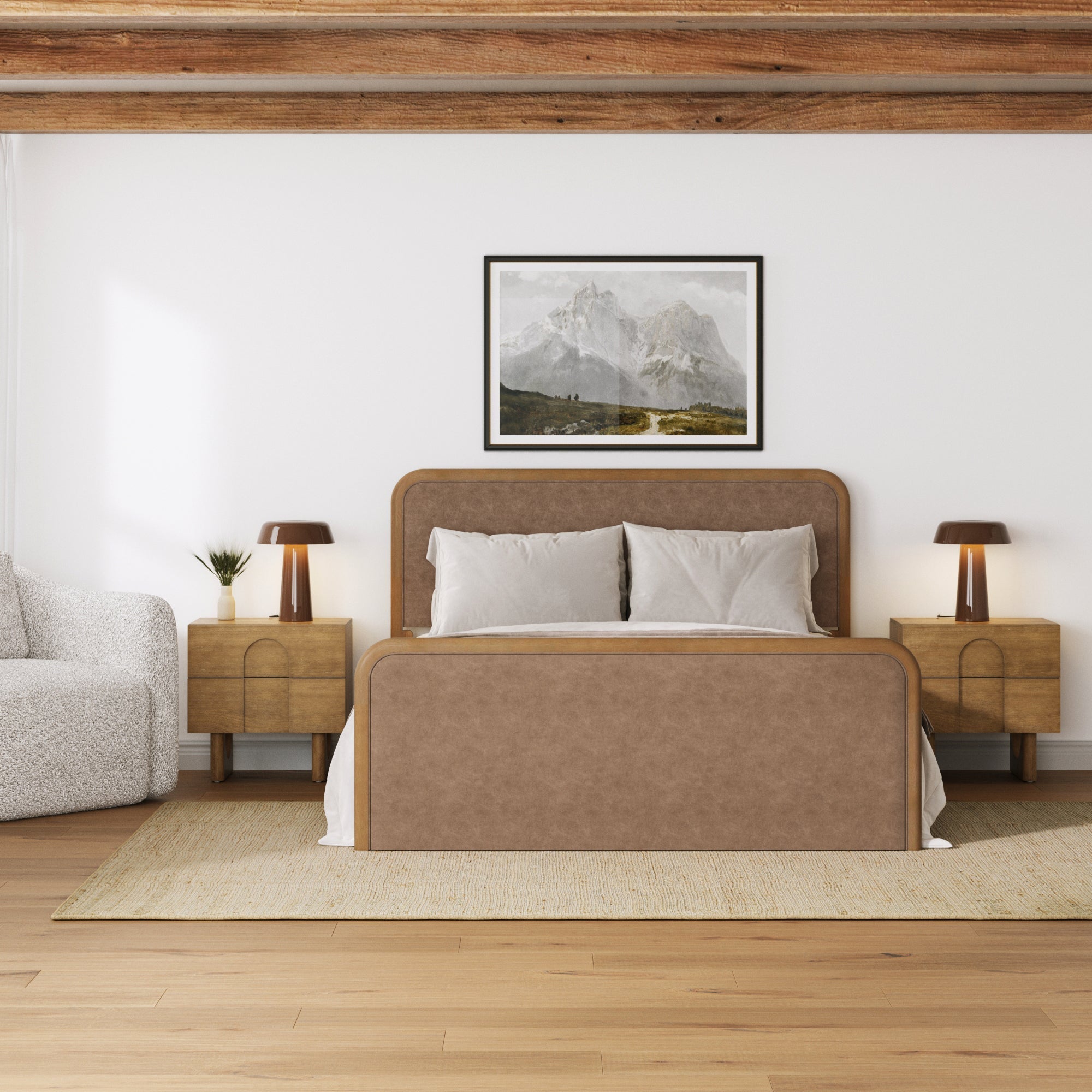 Rounded Faux Leather Bed Frame with 2 Nightstand