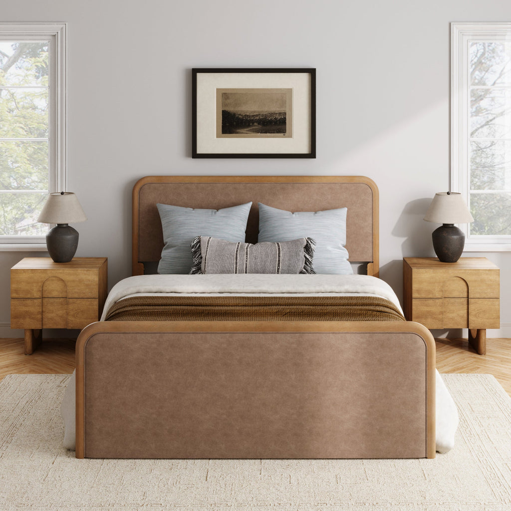 Rounded Faux Leather Bed Frame with 2 Nightstand