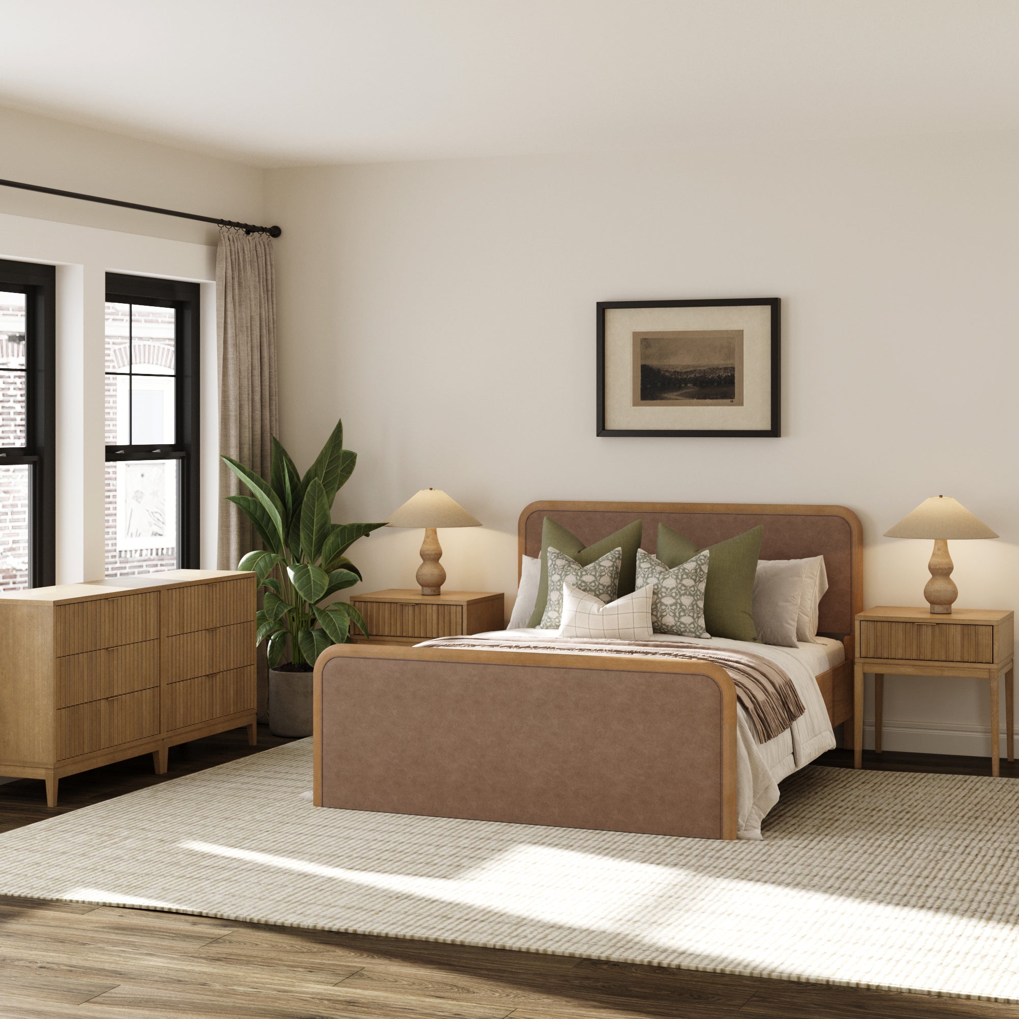 Rounded Faux Leather Queen Bedroom Set with 2 Fluted Dresser and 2 Nightstand Set