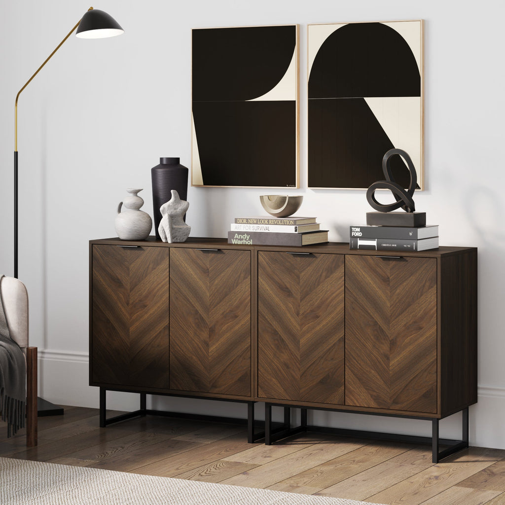 Wood Herringbone Storage Cabinet Credenza