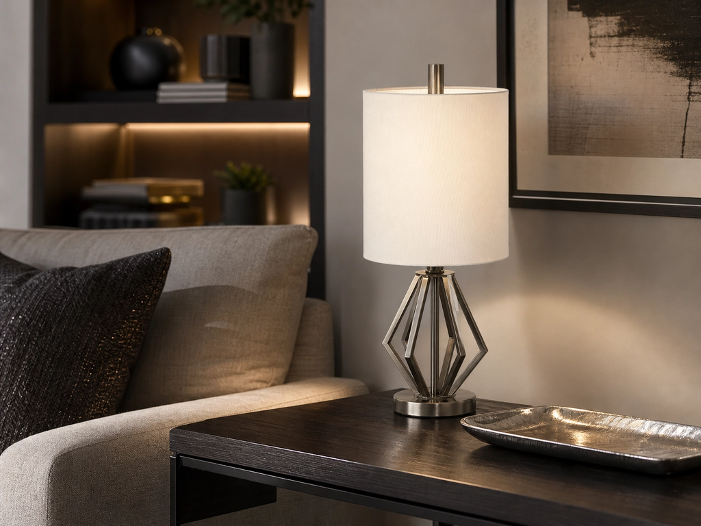 19" Geometric Open Frame Metal Accent Table Lamp – Brushed Nickel with White Drum Shade