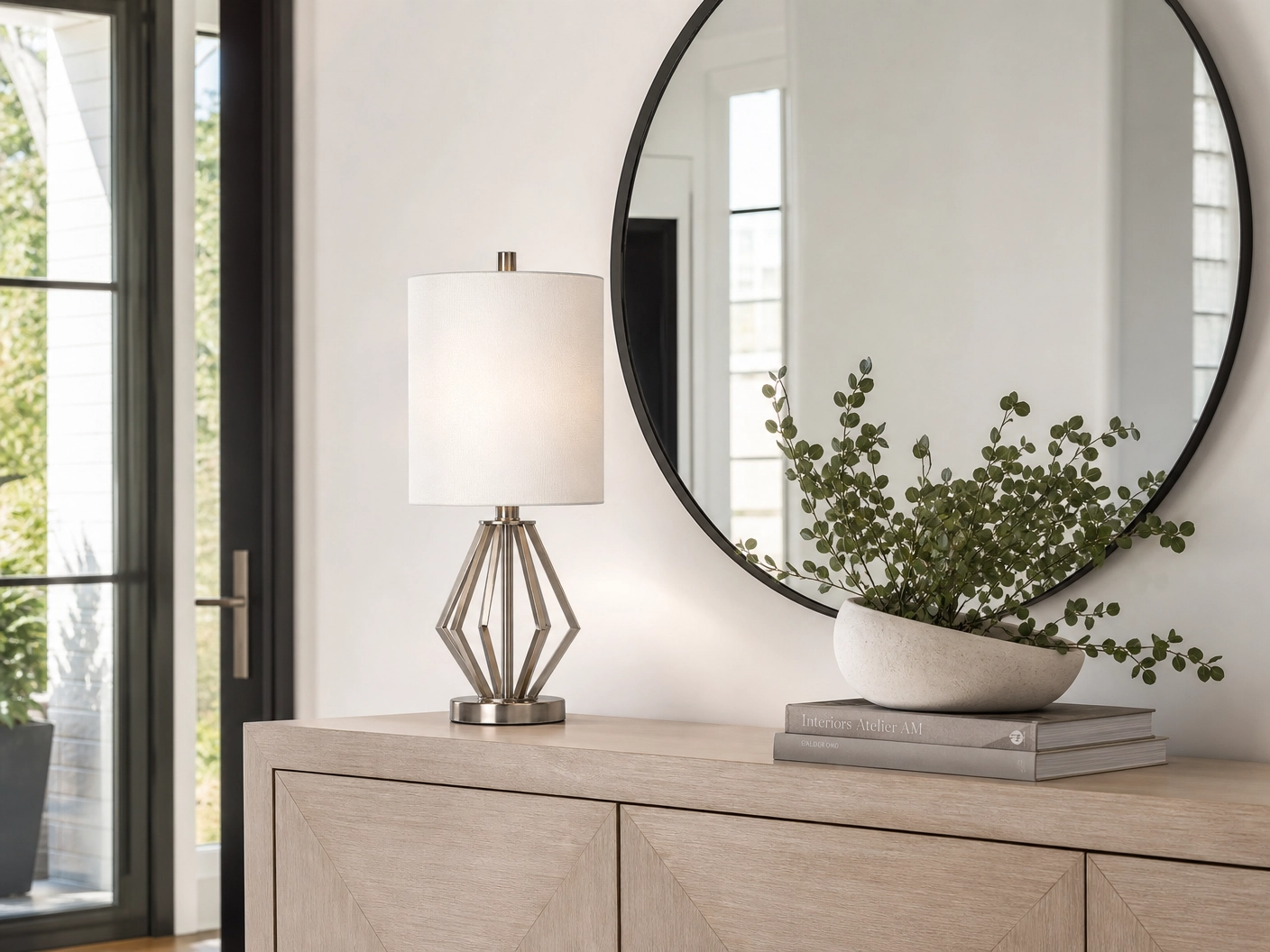 19" Geometric Open Frame Metal Accent Table Lamp – Brushed Nickel with White Drum Shade