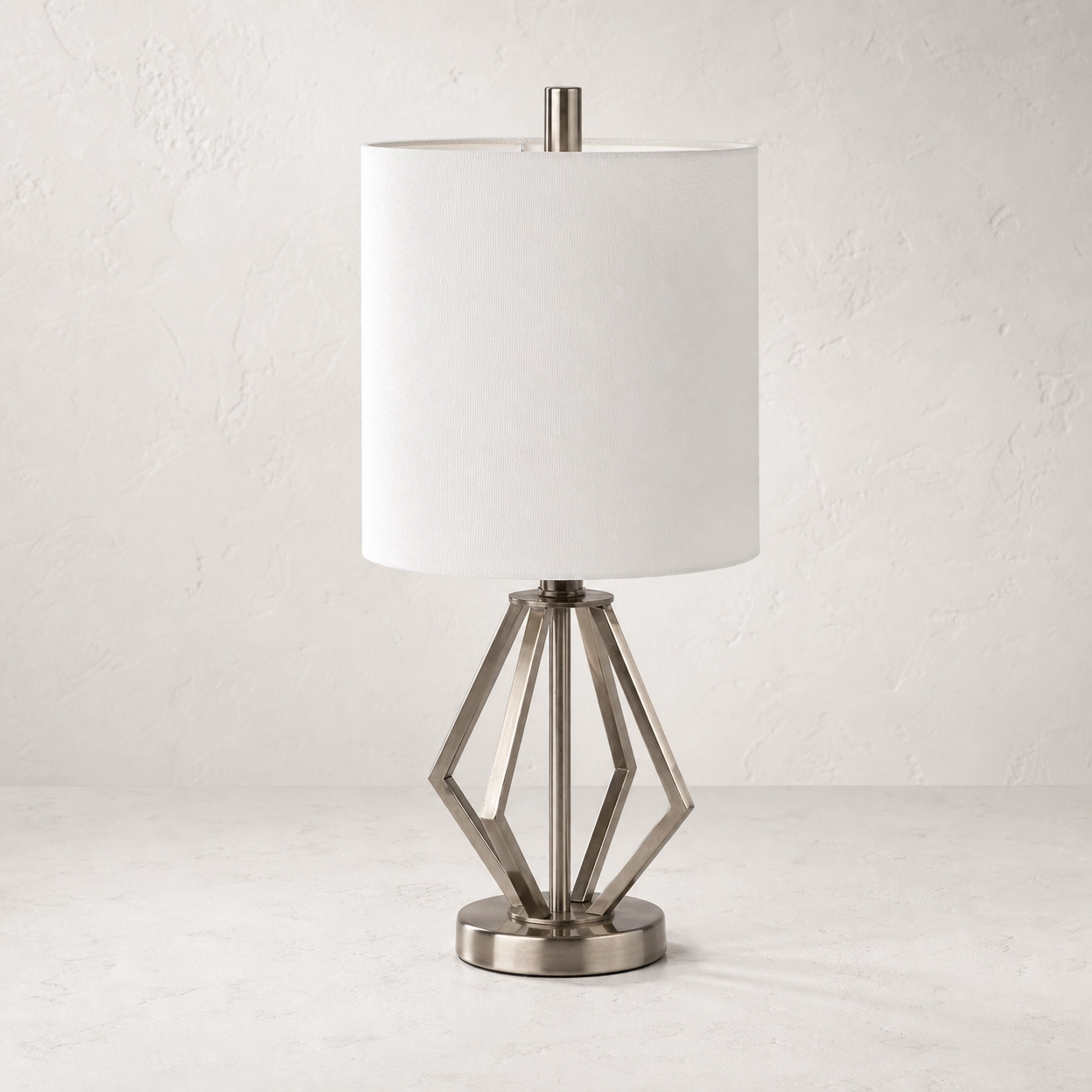 19" Geometric Open Frame Metal Accent Table Lamp – Brushed Nickel with White Drum Shade