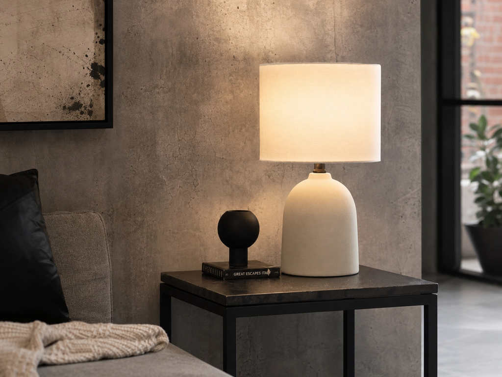 15" Concrete-Look Ceramic Buffet Table Lamp – Minimalist Dome Base with White Linen Shade