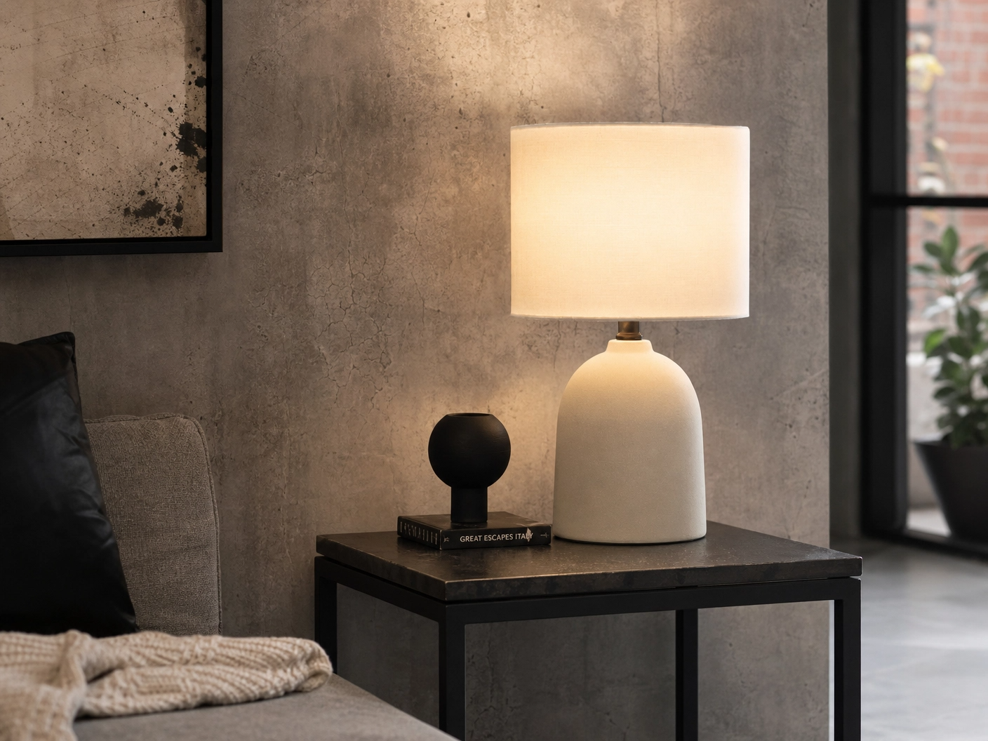 15" Concrete-Look Ceramic Buffet Table Lamp – Minimalist Dome Base with White Linen Shade