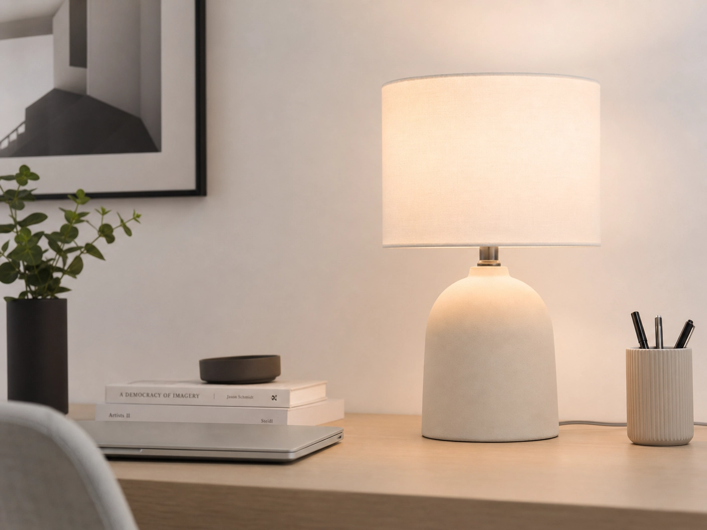 15" Concrete-Look Ceramic Buffet Table Lamp – Minimalist Dome Base with White Linen Shade