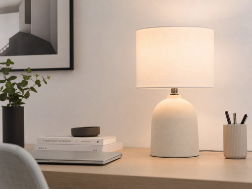 15" Concrete-Look Ceramic Buffet Table Lamp – Minimalist Dome Base with White Linen Shade