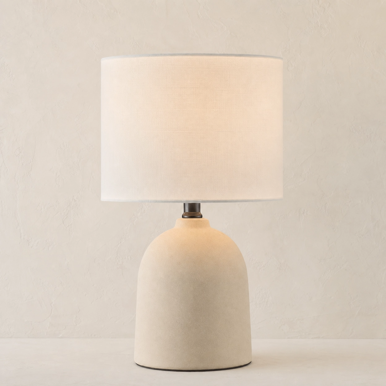 15" Concrete-Look Ceramic Buffet Table Lamp – Minimalist Dome Base with White Linen Shade