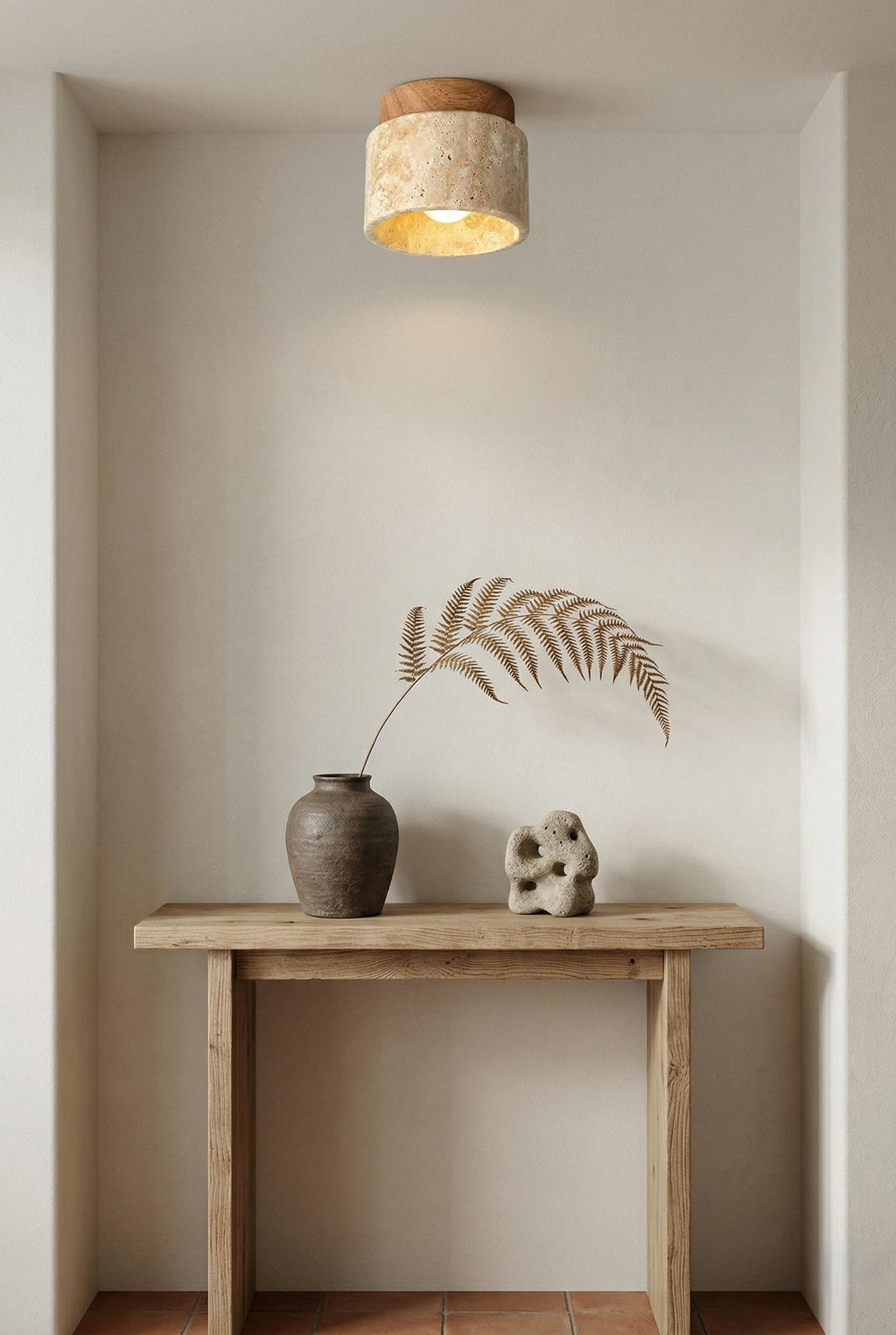 Wabi-Sabi Marble Flush Mount Ceiling Light - Japandi Wood & Stone Hallway Lamp