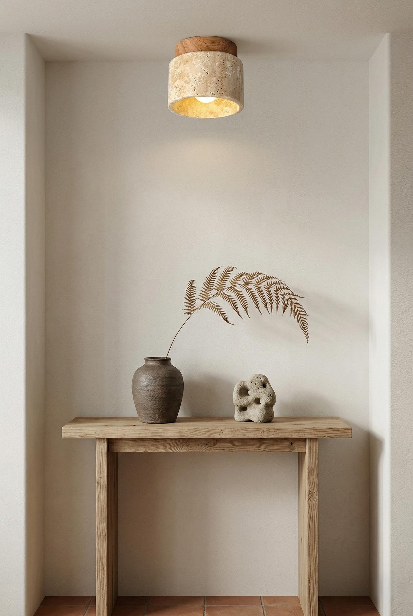 Wabi-Sabi Marble Flush Mount Ceiling Light - Japandi Wood & Stone Hallway Lamp