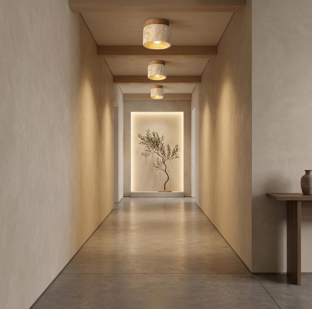Wabi-Sabi Marble Flush Mount Ceiling Light - Japandi Wood & Stone Hallway Lamp