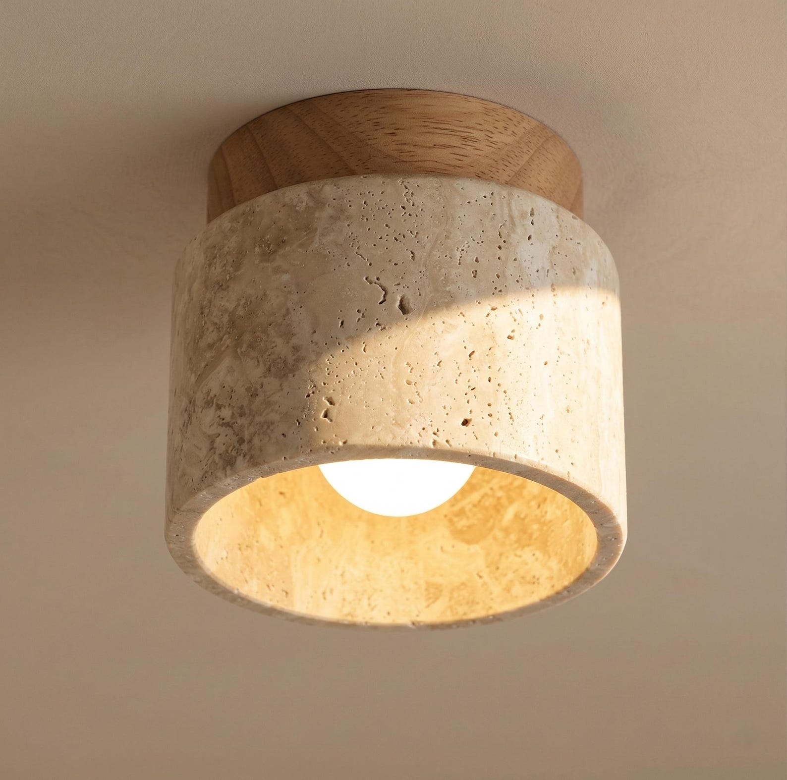 Wabi-Sabi Marble Flush Mount Ceiling Light - Japandi Wood & Stone Hallway Lamp