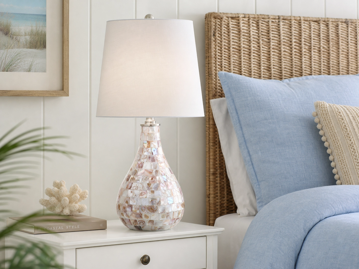 20" Coastal Seashell Mosaic Table Lamp – Pearlescent Vase Base with White Cotton Shade