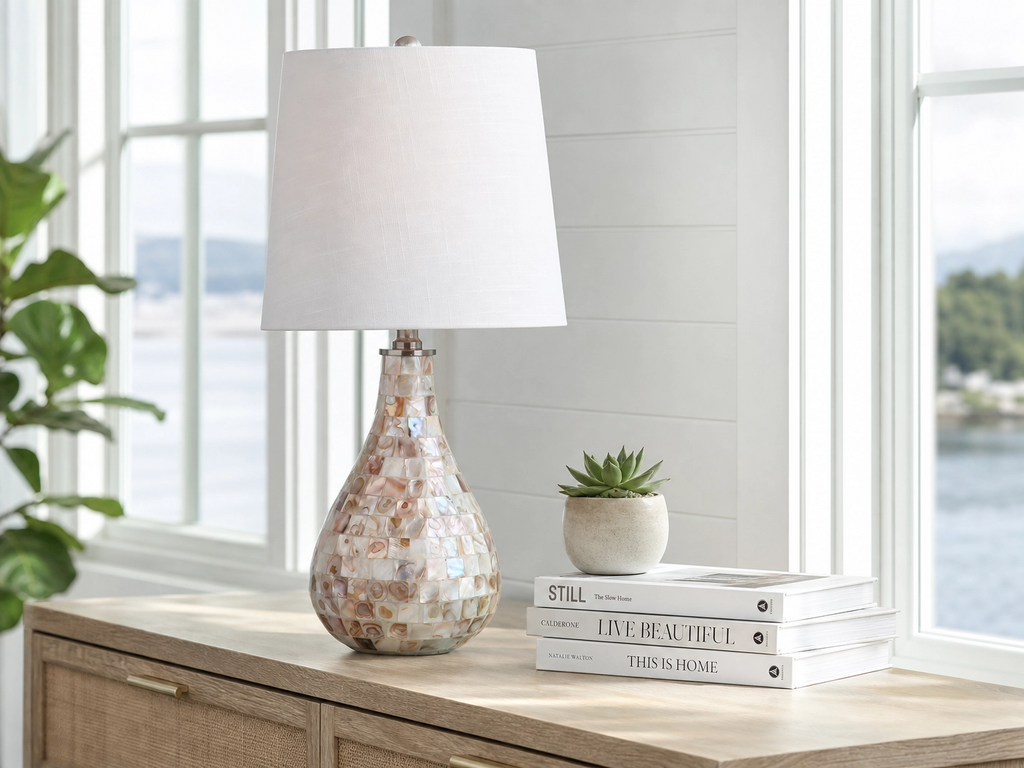 20" Coastal Seashell Mosaic Table Lamp – Pearlescent Vase Base with White Cotton Shade