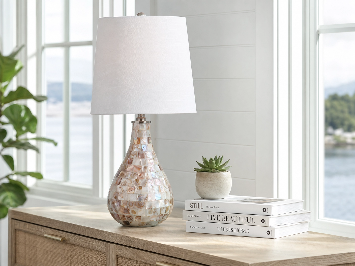 20" Coastal Seashell Mosaic Table Lamp – Pearlescent Vase Base with White Cotton Shade