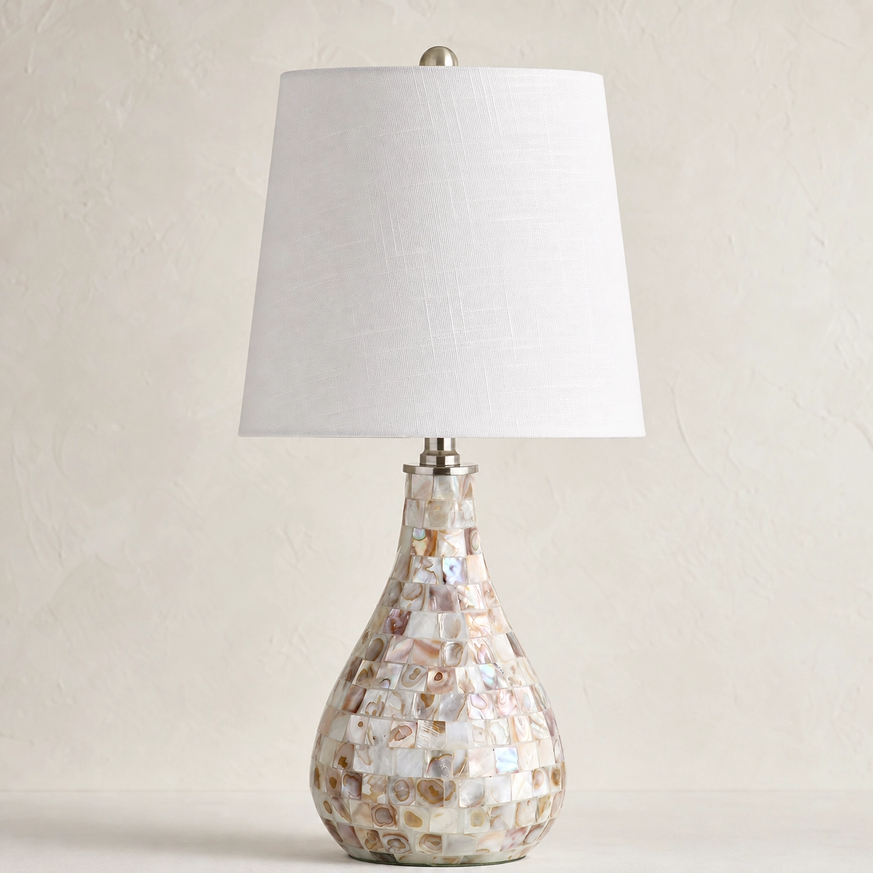20" Coastal Seashell Mosaic Table Lamp – Pearlescent Vase Base with White Cotton Shade