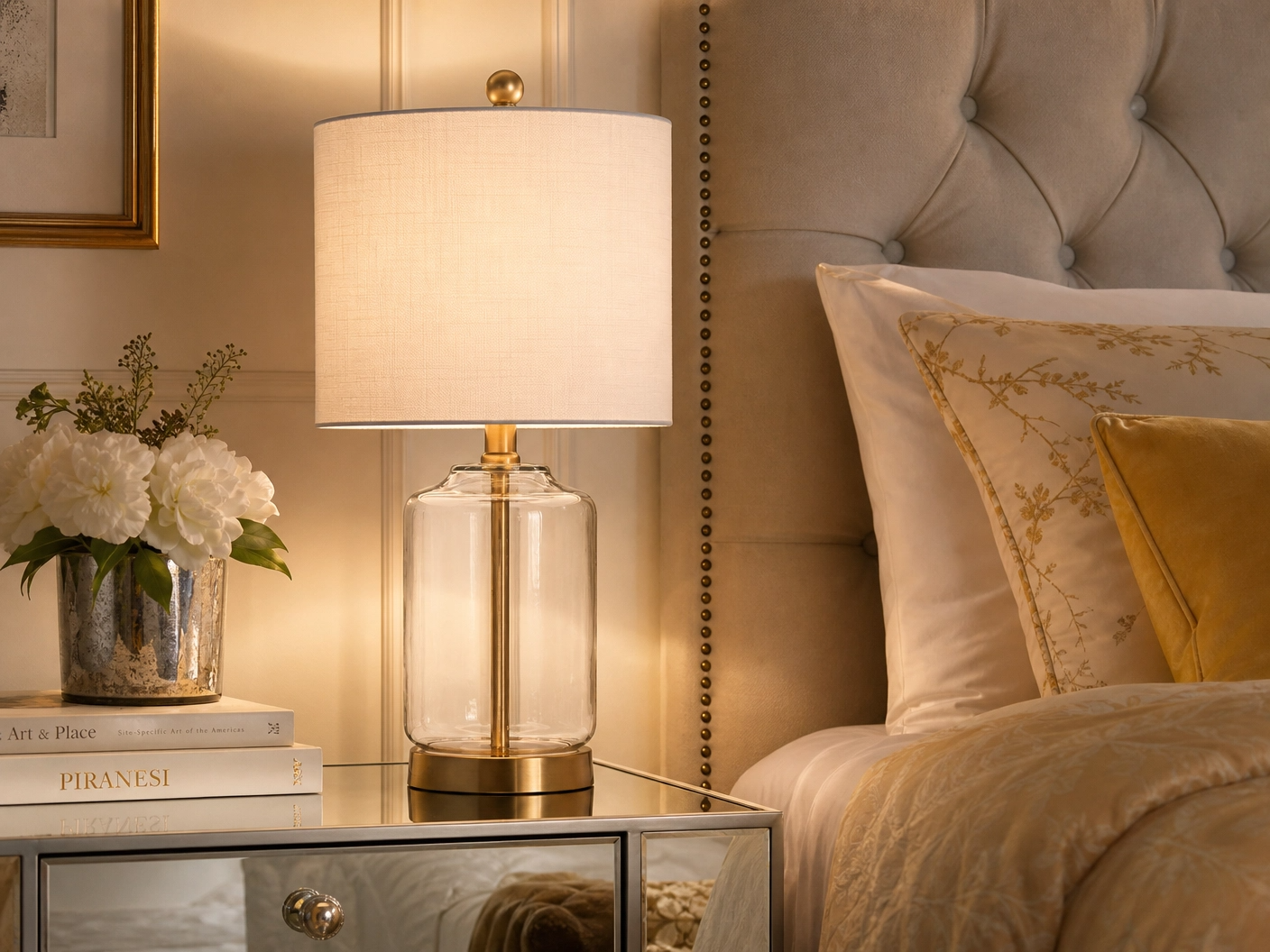 21" Clear Glass & Brass Table Lamp – Modern Cylinder Base with White Drum Shade