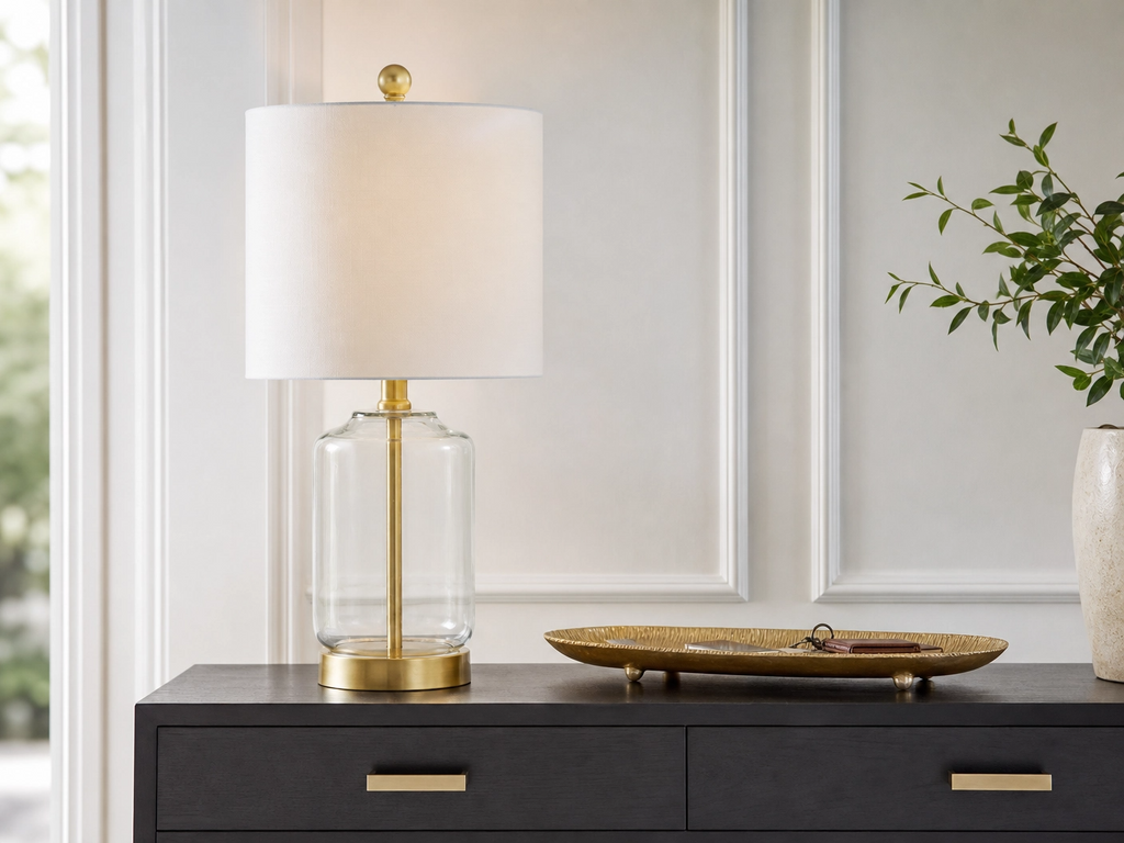 21" Clear Glass & Brass Table Lamp – Modern Cylinder Base with White Drum Shade