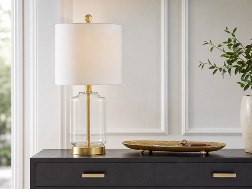 21" Clear Glass & Brass Table Lamp – Modern Cylinder Base with White Drum Shade