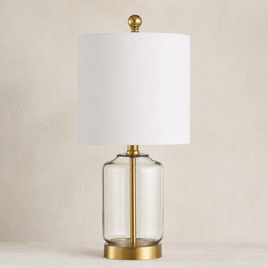 21" Clear Glass & Brass Table Lamp – Modern Cylinder Base with White Drum Shade