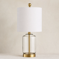 21" Clear Glass & Brass Table Lamp – Modern Cylinder Base with White Drum Shade