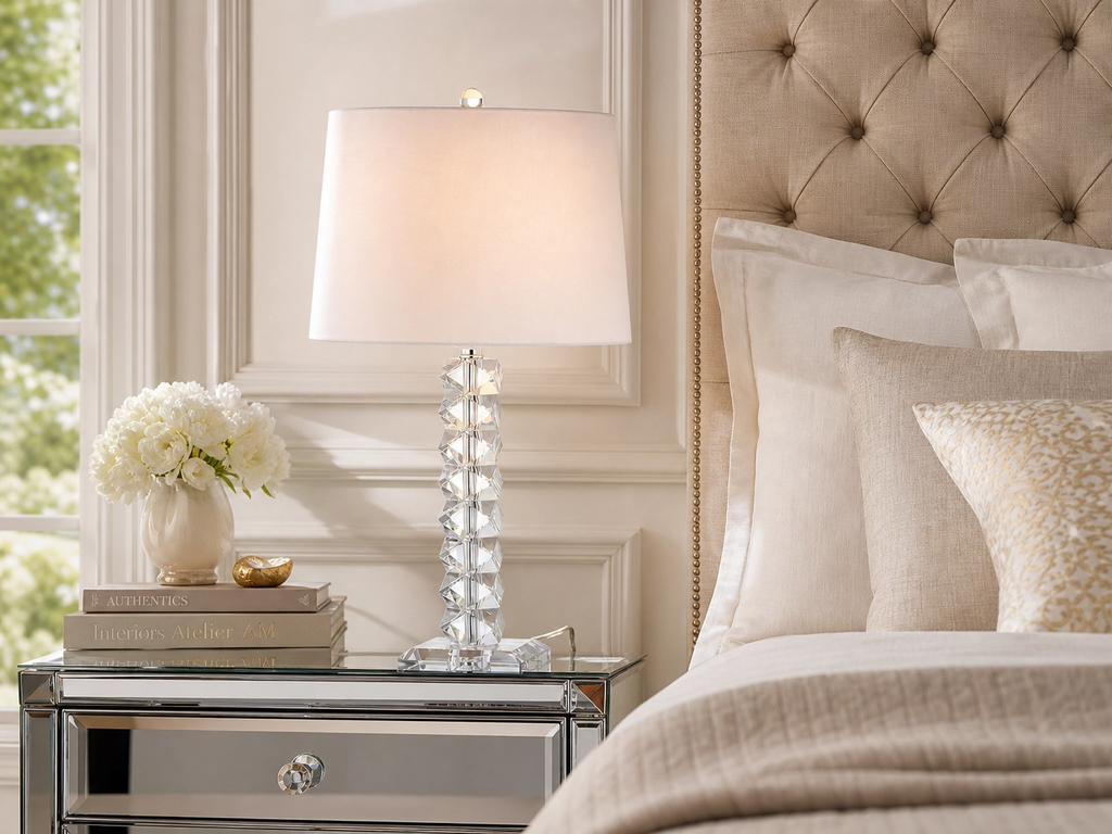 25" Crystal Stack Buffet Table Lamp – Clear Faceted Base with White Cotton Shade