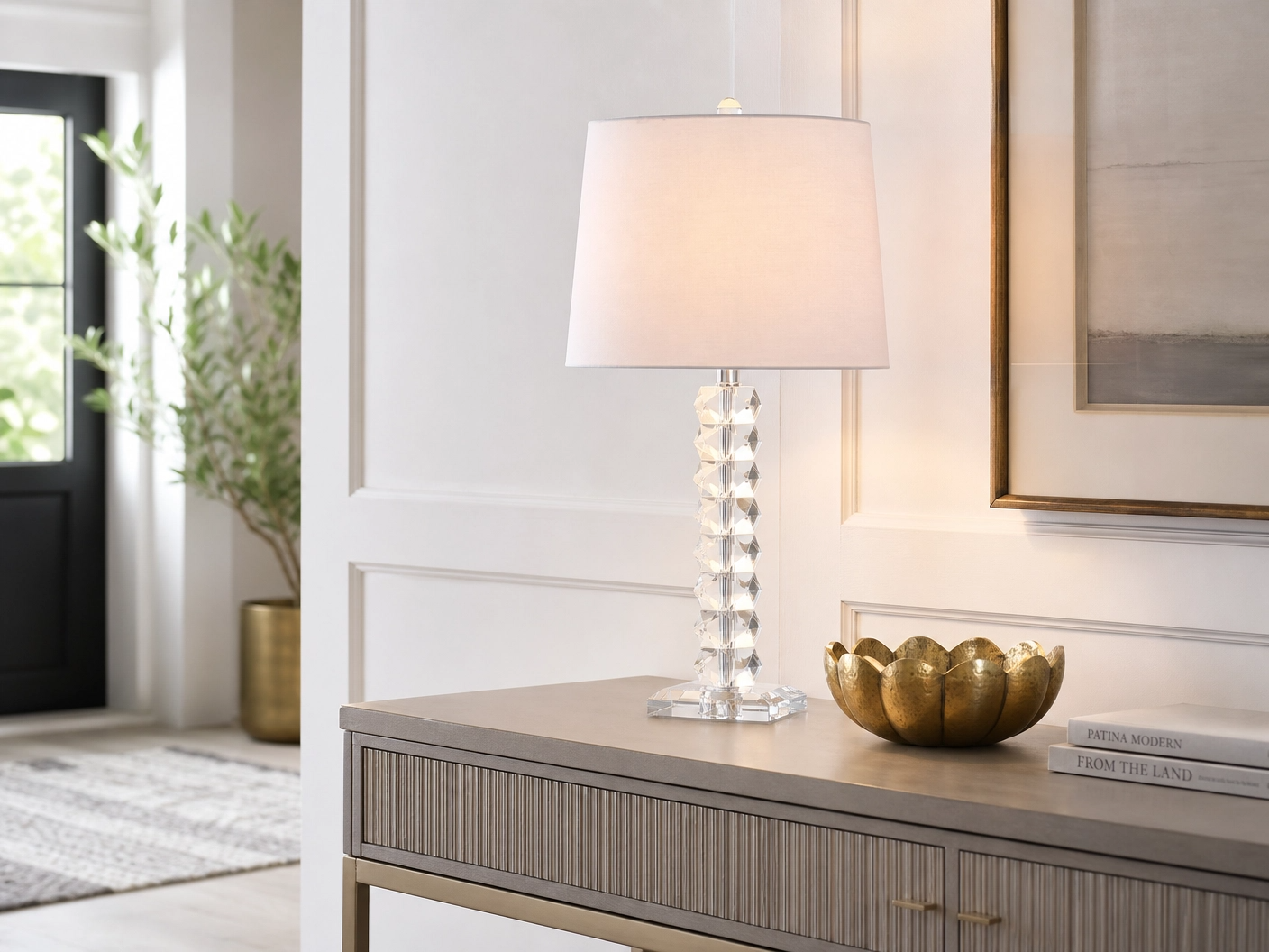 25" Crystal Stack Buffet Table Lamp – Clear Faceted Base with White Cotton Shade