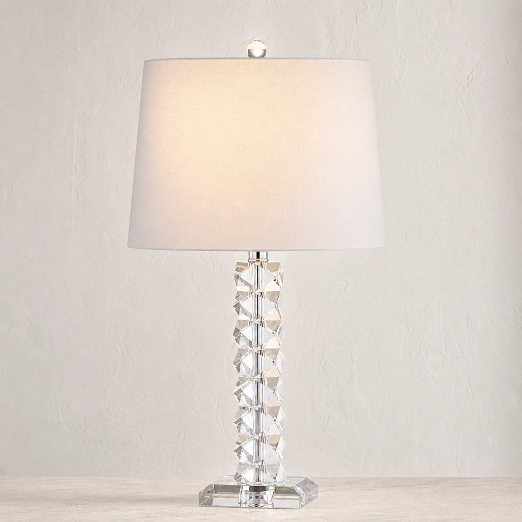 25" Crystal Stack Buffet Table Lamp – Clear Faceted Base with White Cotton Shade