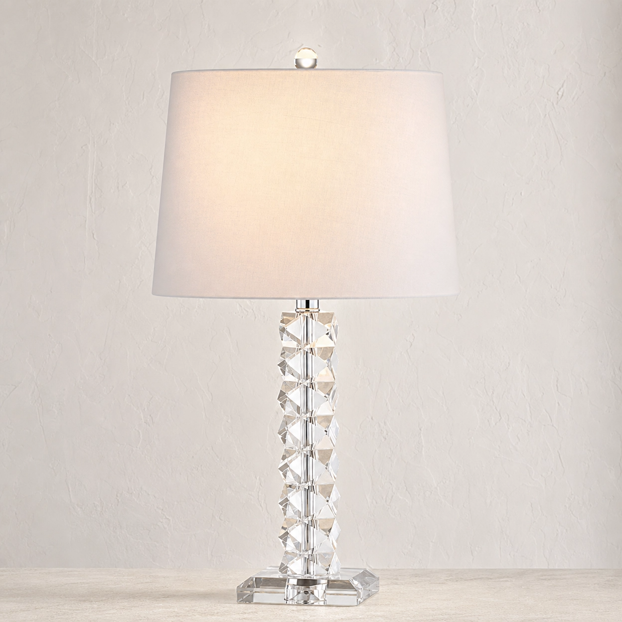 25" Crystal Stack Buffet Table Lamp – Clear Faceted Base with White Cotton Shade
