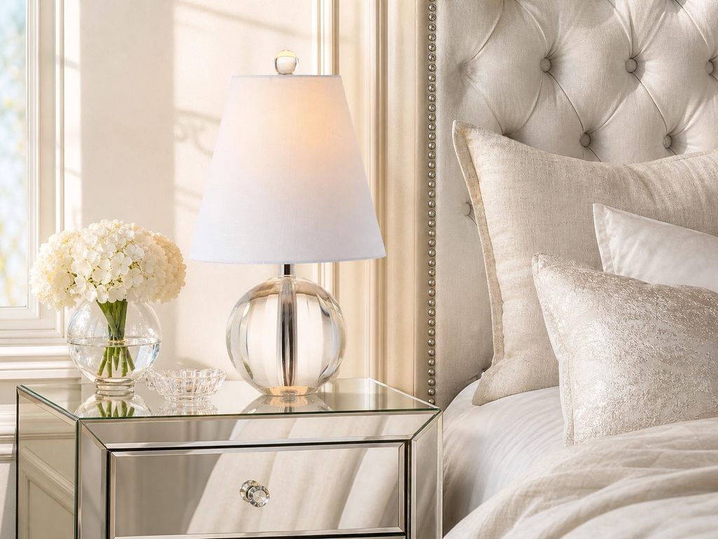 16" Crystal Globe Table Lamp – Clear Orb Base with White Linen Shade