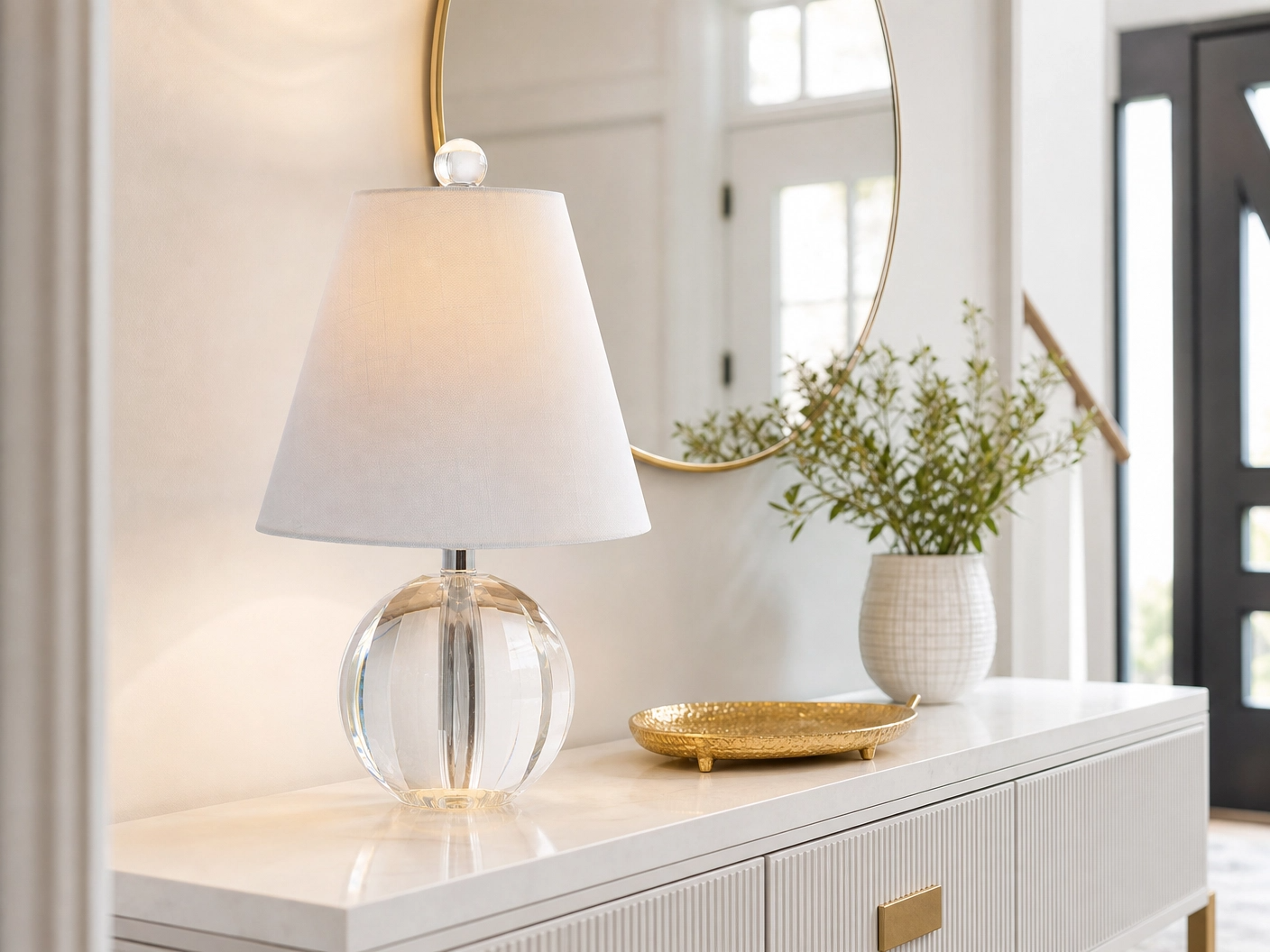 16" Crystal Globe Table Lamp – Clear Orb Base with White Linen Shade