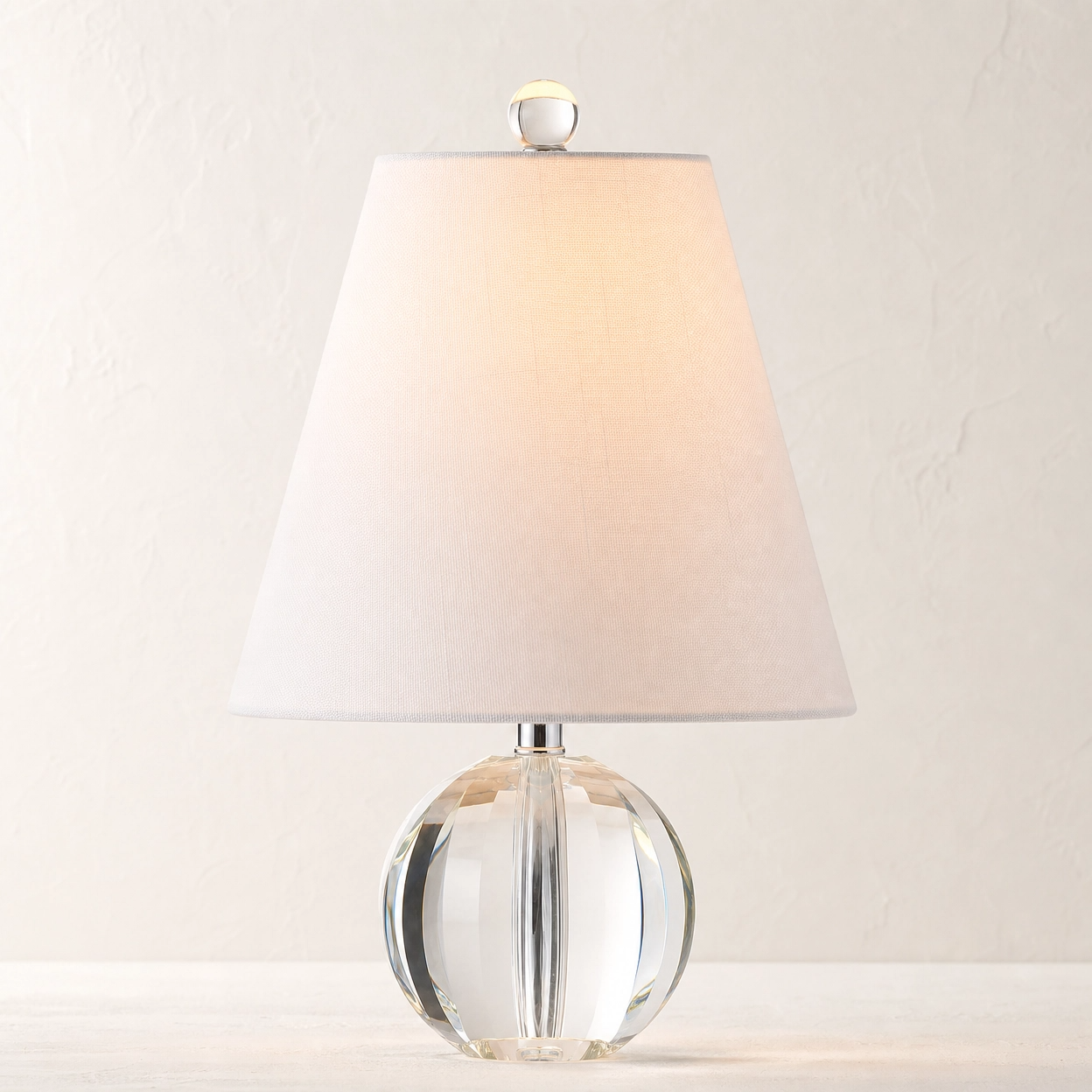 16" Crystal Globe Table Lamp – Clear Orb Base with White Linen Shade