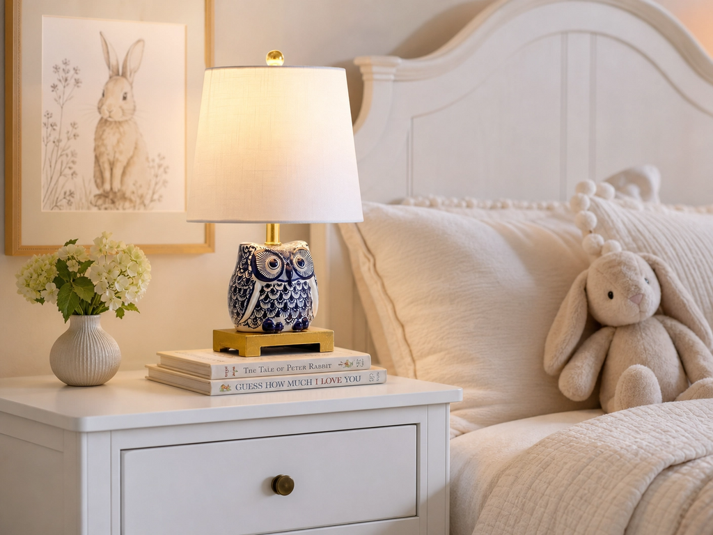 16" Blue & White Ceramic Owl Table Lamp – Set of 2 with White Linen Shades