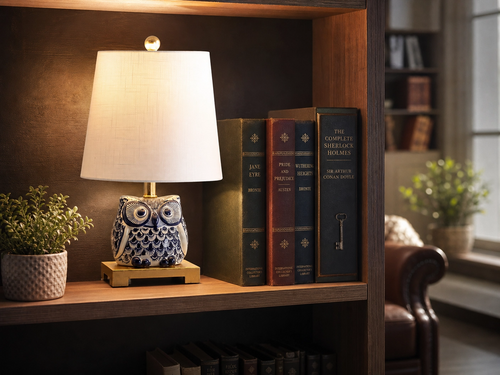 16" Blue & White Ceramic Owl Table Lamp – Set of 2 with White Linen Shades