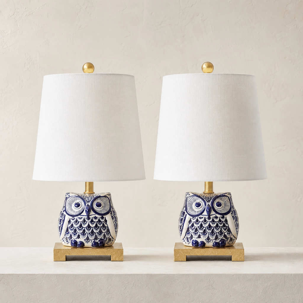 16" Blue & White Ceramic Owl Table Lamp – Set of 2 with White Linen Shades