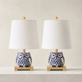 16" Blue & White Ceramic Owl Table Lamp – Set of 2 with White Linen Shades