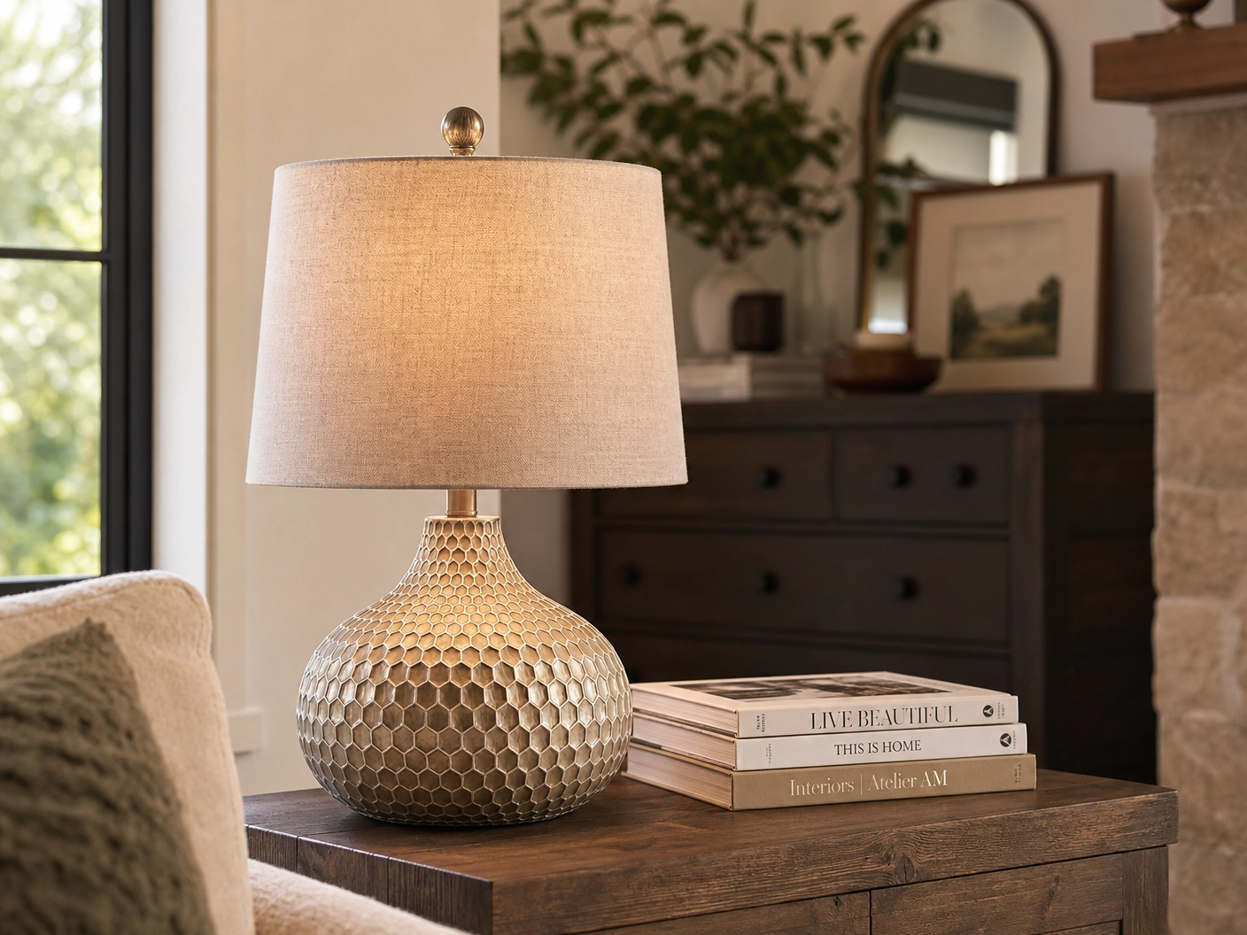 22" Honeycomb Vase Table Lamp – Antique Brown Resin Base with Grey Fabric Shade