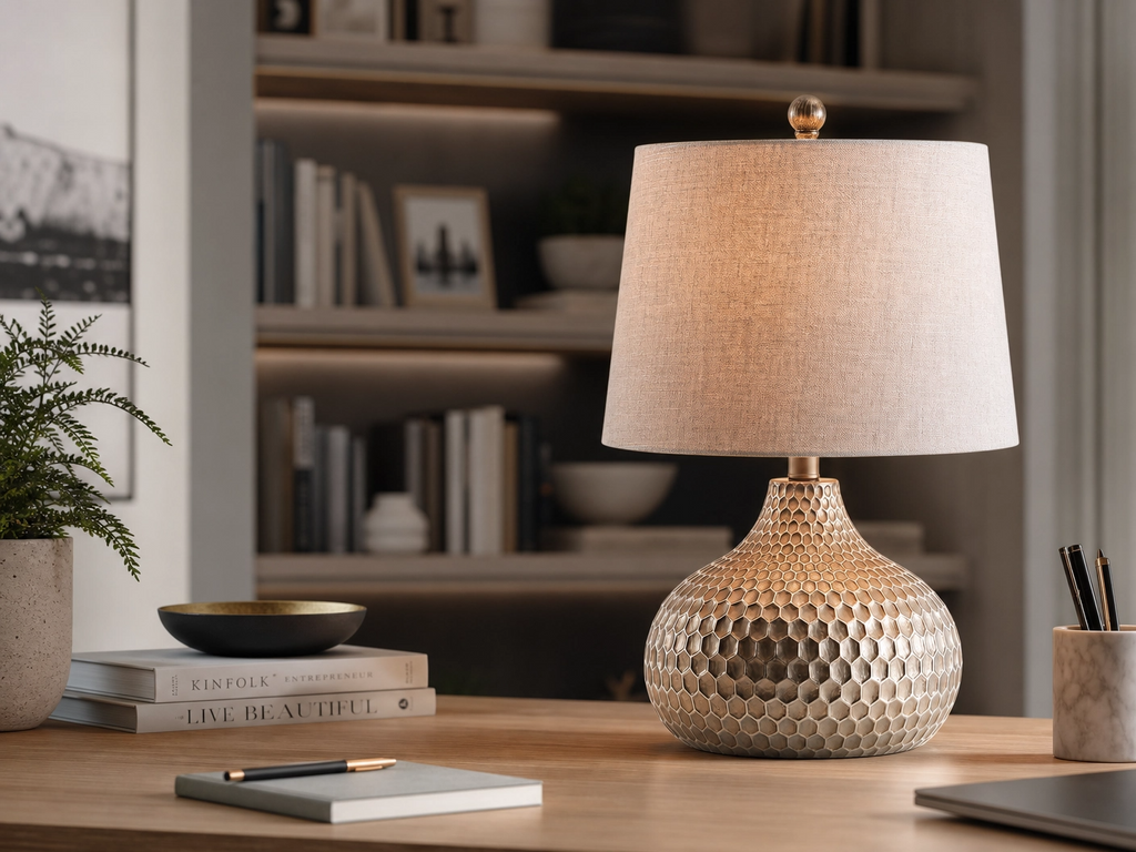 22" Honeycomb Vase Table Lamp – Antique Brown Resin Base with Grey Fabric Shade
